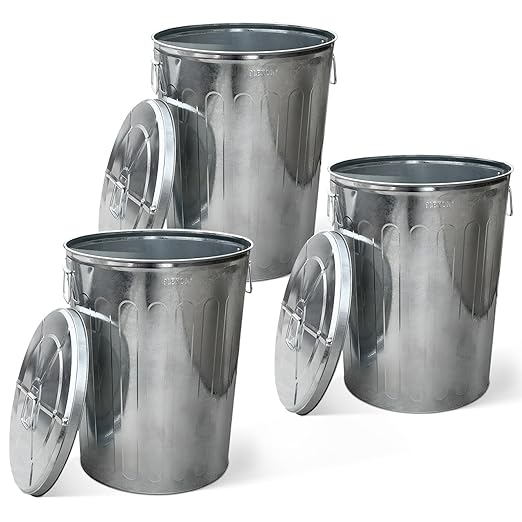 Plexon 20 Gallon Metal Trash Can with Lid Outdoor Galvanized Steel Large Garbage Can, 3 Pack