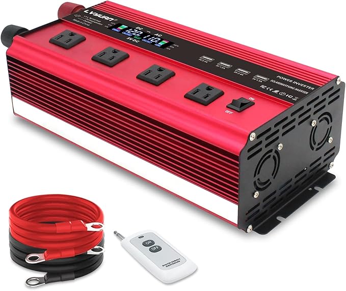 LVYUAN Power Inverter with 4 AC Outlets, LCD Display, Wireless Remote Control, Car Power Inverter for Car, RV, Truck, Off Grid Solar System, Camping (Red, 12V-2000W)