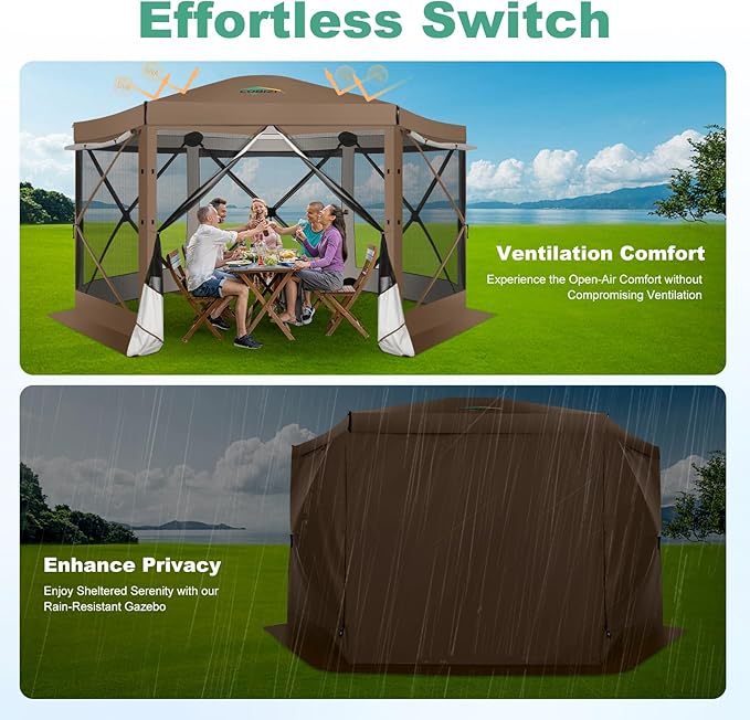 COBIZI 12x12 pop up Gazebo on Clearance Screen Tent for Camping,Scalable Sesign Outdoor Canopy Tent with Extension Support Poles & sidewalls,with Portable Carrying Bag and Ground Stakes,Brown