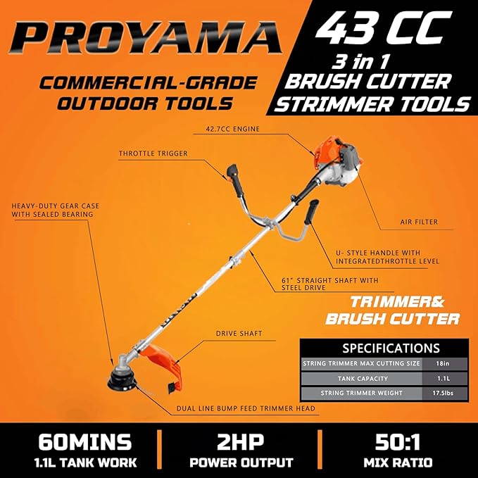 PROYAMA 42.7cc Gas Weed Wacker, 3 in 1 Weed Eater Gas Powered, Brush Cutter and Gas String Trimmer 2-Cycle Extreme Duty, 5 Year Warranty Gearbox, Grass Trimmer 2025 Upgraded…