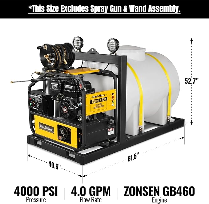 4000PSI 4GPM ZONSEN 459cc 15 HP E-Start Gas Engine Hot Water Pressure Washer Skid Mounted with 245 Gal Tank, Model HPW40DBT