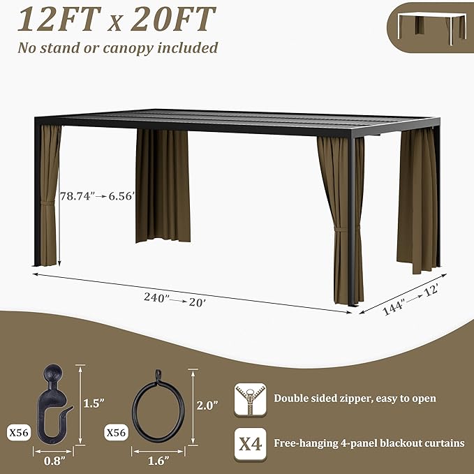 Gazebo Universal Replacement Privacy Curtain,12'×20' Gazebo Outdoor Waterproof Curtains, 4-Panels Sidewall Curtains with Double Zipper for Patio Canopy, Garden and Backyard (Curtain Only)