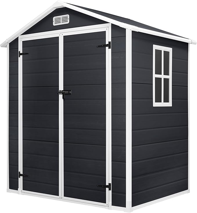 HUGROVE 6×4 Outdoor Storage Shed with Floor, Waterproof & UV-Resistant Resin Garden Shed for Backyard, Weather-Resistant Plastic Tool Shed with Lockable Double Doors, Air Vents & Side Window