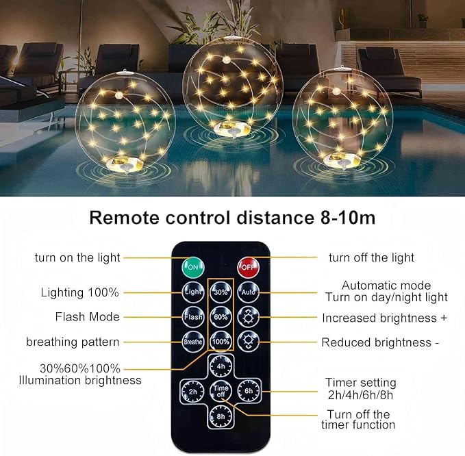 2 Pack Solar Floating Pool Lights, 14 Inch 3000K Warm White Inflatable LED Pool Balls with Remote, IP68 Waterproof Pool Lights That Float for Swimming Pool Party Yard Outdoor Decor