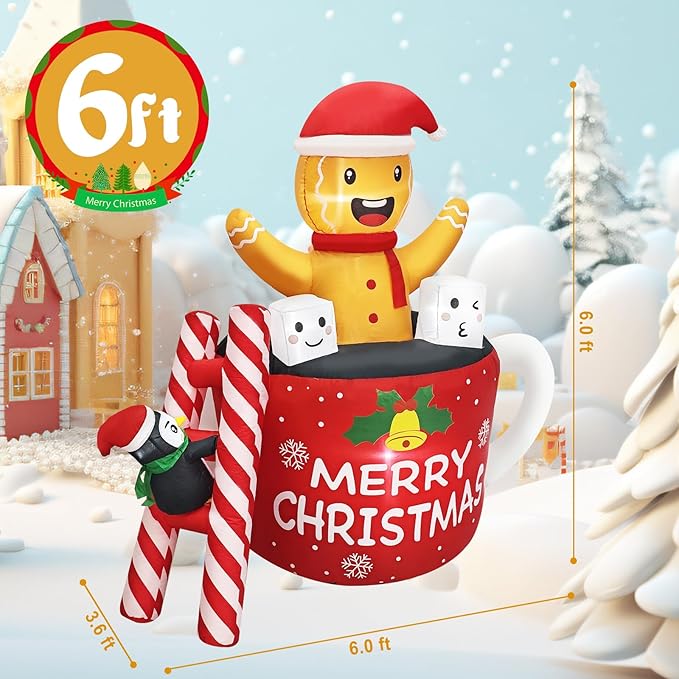 6FT Christmas Inflatables Outdoor Decorations, Navidad Blow Up Gingerbread Swiming in Hot Cocoa Mug Scene with Penguin Built in LED for Garden Lawn Xmas Decor Party