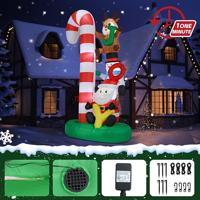 Christmas Inflatables Outdoor Decoration 8 FT Santa Claus Joy Reindeer Snowman Candy Cane Inflatable with LED Light Christmas Blow Up for Lawn Garden Holiday Party Yard Xmas Decor