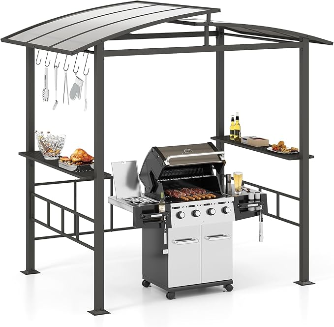 Tangkula 8x5 FT Hardtop Grill Gazebo, Outdoor Double-Tiered Barbecue Canopy with Vented Polycarbonate Roof, 2 Side Shelves, 6 Hooks, Outdoor Grill Shelter for Patio Garden Lawn Deck (Black)