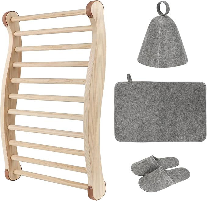 Sauna Backrest Sauna Accessories Wooden Slip-Resistant Non-Toxic Comfortable S-Shape Design Sauna Chair - Sauna Accessories with Felt Sauna Hat, Seat Pad and Slippers for Any Barrel or Infrared Sauna