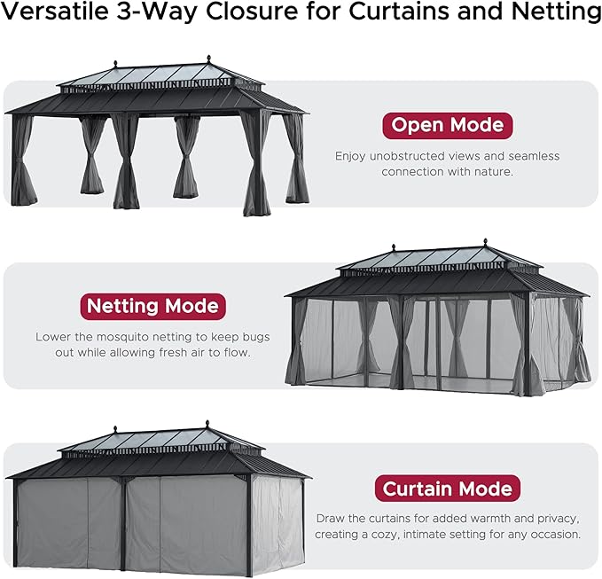 SUNJOY Kingston 20' x 12' Hardtop Gazebo with Galvanized Steel/Polycarbonate Double Roof, Curtain and Netting, Gray Aluminum Posts Permanent Pavilion Gazebo for Garden, Patio, Deck, Lawn