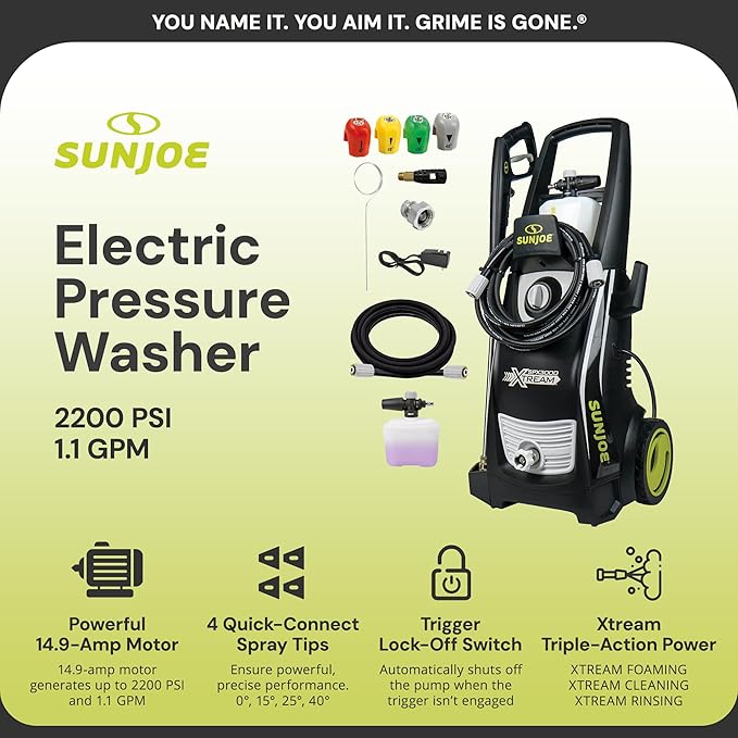 Sun Joe Electric Pressure Power Washer w/ 4 Nozzles & Foam Cannon, 2200 PSI (PWMA Certified), 1.1 GPM, 14.9-Amp Motor - Heavy-Duty Cleaning Machine for Patios, Decks, & Sidewalks, SPX3000-XT XTREAM