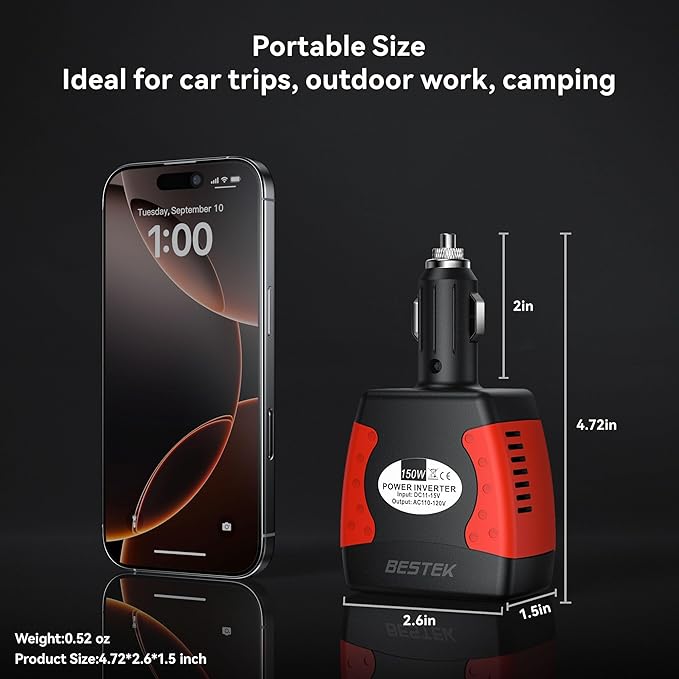 BESTEK 150W Car Power Inverter, Car Charger DC 12V to 110V AC Converter PD 30W QC 3.0 18W USB Charger Laptop Car Charger Outlet Power Adapter for Car