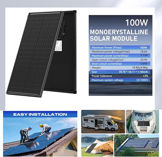 100 Watt Solar Panel Kit 100 Watt 12 Volt Monocrystalline Solar Panels 10A Solar Charge Controller, Solar Cables, Z-Mounting Bracket for RV Rooftop Marine Boat Trailer Camping Off-Grid Application