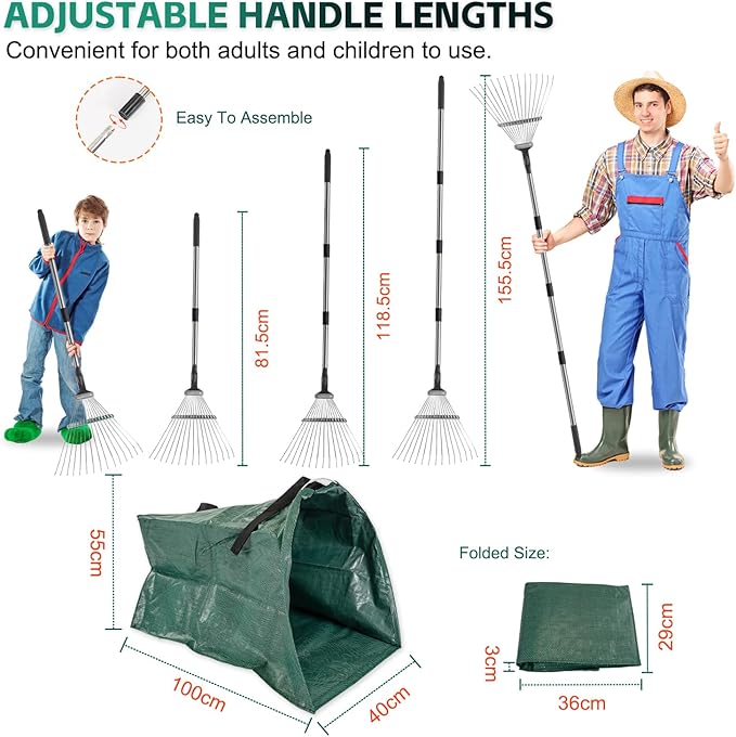 Yard Waste Bags, Leaf Dustpan, Leaves Collector, Yard Dustpan Type Garden Bag for Collecting Leaves, Garden Waste Container, with Adjustable Metal Leaf Rake Long Handle and Gloves