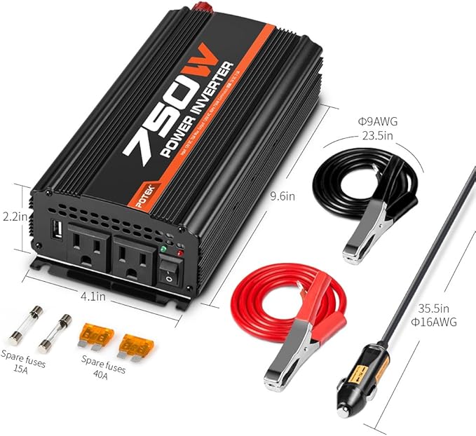 POTEK 750W Car Power Inverter DC 12 V to AC 110V Dual AC Charging Ports / 2A USB Ports for Laptop, Smart Phone