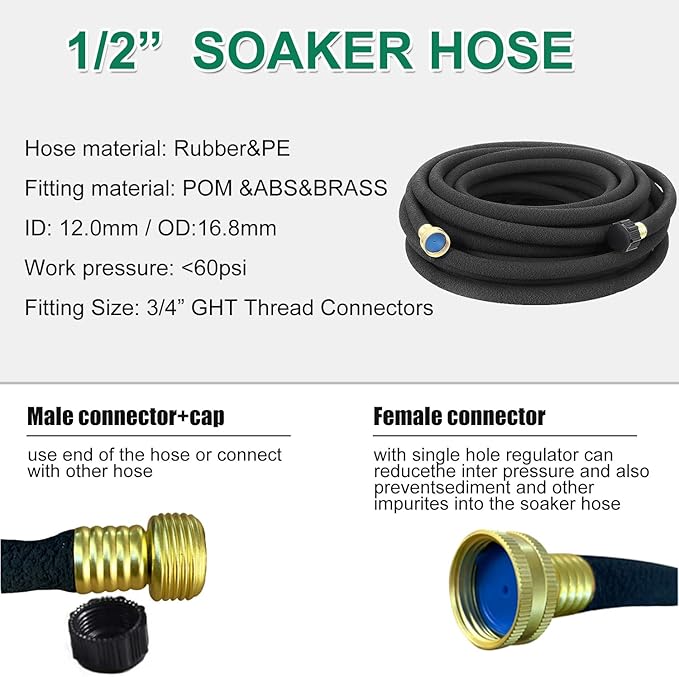 1/2inch 100ft Garden Soaker Hose Solid Brass Connector Heavy Duty Water Hose Perfect for Garden, Vegetable| Leakproof Lightweight 100 FT Soaker Hose