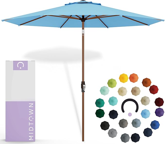 Midtown Umbrellas Sunbrella Umbrella Outdoor Patio Umbrella 2-9 Feet in Sunbrella Capri Acrylic Fabric, Auto-Tilt Aluminum Frame For Backyard Umbrella, Deck Umbrella & Porch Umbrella - Wooden Pole
