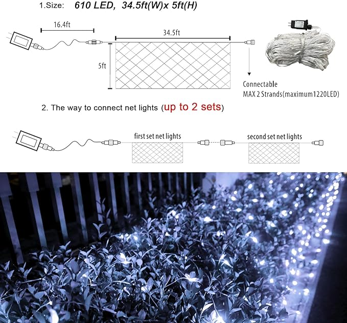 610 LED Christmas Net Lights, 34.5ft x 5ft Mesh Lights Outdoor with Timer & 8 Lighting Modes Clear Wire, Waterproof Connectable String Lights for Bushes Xmas Tree Garden Holiday Party - White