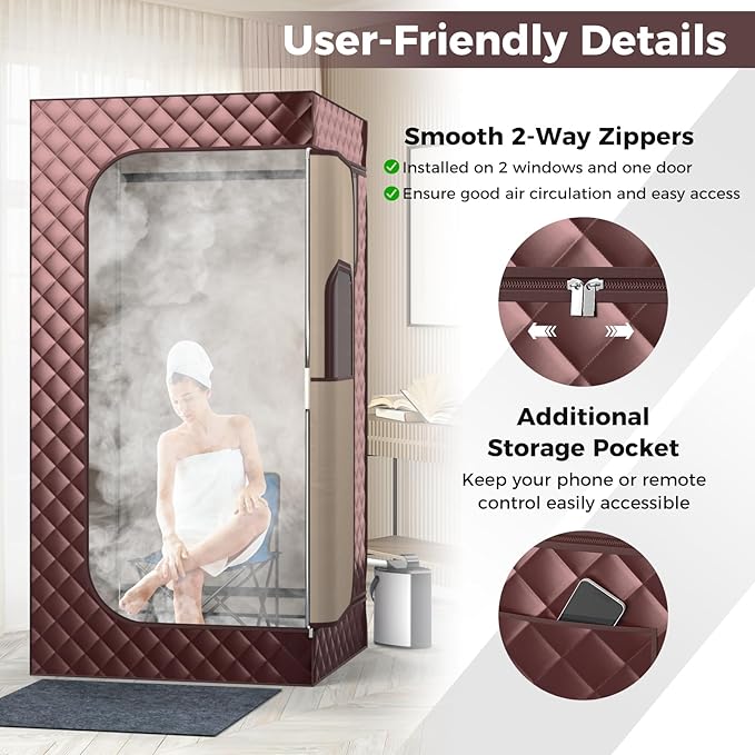 COSTWAY Portable Steam Sauna, Personal Home Sauna Tent w/ 3L Steam Generator, Foldable Chair, Remote Control, 9-Level Adjustable Temperature, Timer, Full-Size Indoor Steam Room for Home Spa (Coffee)