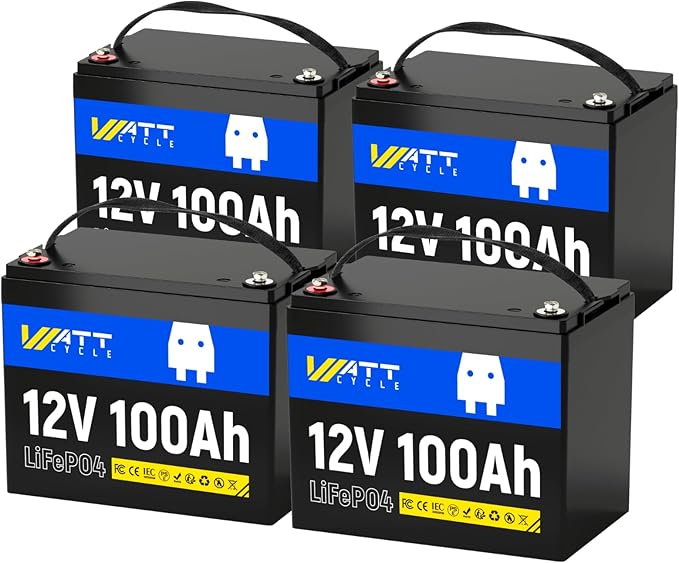 Wattcycle 12V 100Ah LiFePO4 Lithium Battery 4 Pack - BCI Group 24, 15000 Cycles, Built-in 100A BMS, Low-Temperature Protection - Ideal for RVs, Golf Cart, Home Energy Storage, Marine (4 Pack)