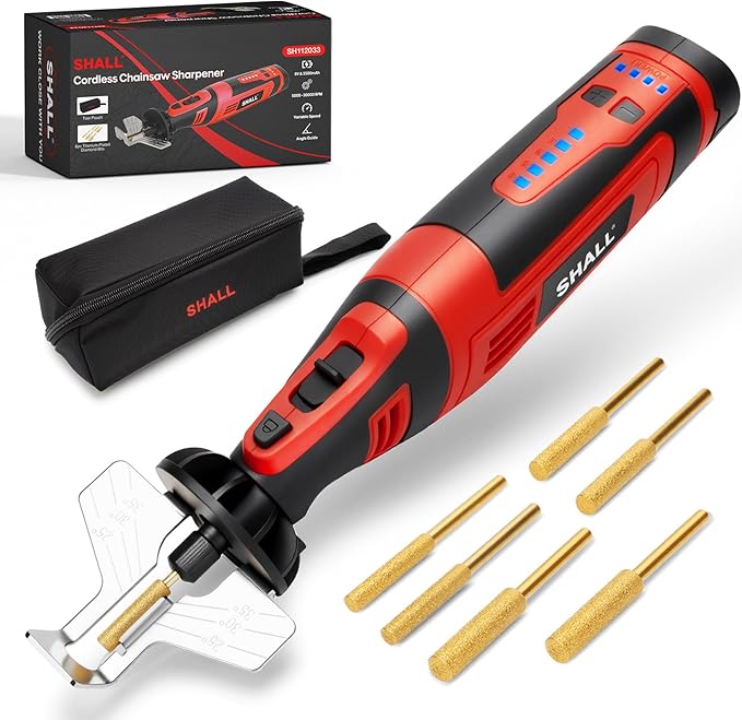 SHALL Electric Cordless Chainsaw Sharpener Kit, with 6 Titanium-Coated Diamond Drill Bits and Angle Guide, for All Chainsaws Chains