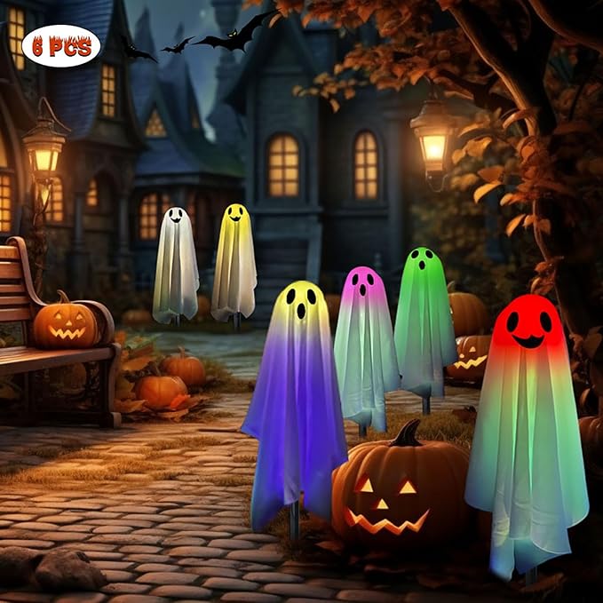 Halloween Ghost Pathway Lights with Stakes, 6PCS Solar Colorful Light Ghost Decorations, Waterproof Outdoor Lights for Yard, Lawn, Driveway, Halloween Decor