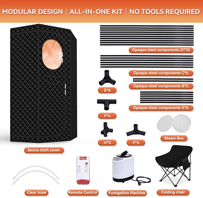 Portable Sauna for Home - Upgraded Personal Home Sauna Box with 3L 1300W Steamer, Big Folding Chair, 9 Levels Heat, Timer, Remote Control - Large Size Steam Room Saunas Tent for Relaxation & Spa Black