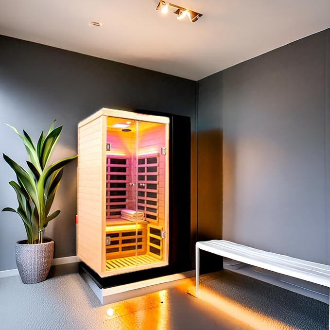 1 Person Infrared Sauna for Home Deluxe Transparent Large Glass Hemlock Wood Low EMF FAR Infrared Sauna, 1420 watts 7 Heating Panels Indoor Personal Saunas with Blue-Tooth, LCD Display