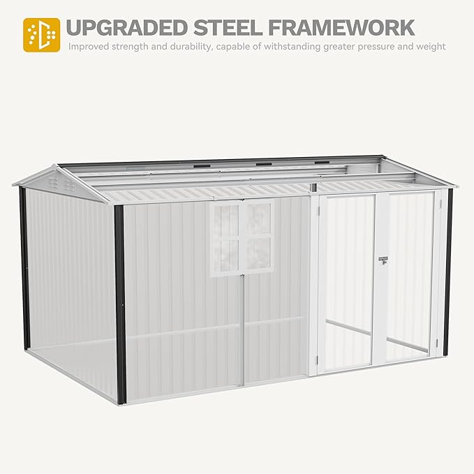 DWVO 12x8ft Metal Outdoor Storage Shed with Window, Lockable Tool Storage Sheds, Oversized Steel Garden Sheds with Sloped Roof for Backyard, Patio, Garage, Lawn, Gray & White
