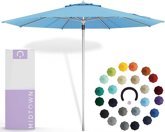 Midtown Umbrellas Push Pop Sunbrella Umbrella 10 Feet Large Outdoor Umbrella With Capri Acrylic Fabric - Deck Patio Umbrella, Backyard Umbrella, Garden Umbrella & Pool Umbrella - Black Pole