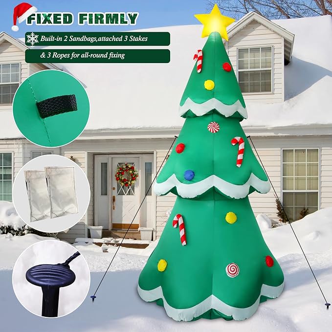 7 FT Tall Christmas Inflatables Tree Decorations Outdoor, Blow up Christmas Tree Yard Decor with LED Lights Star Treetop & Colorful Candy for Xmas Holiday Party Indoor Garden Patio Display Hall Lawn
