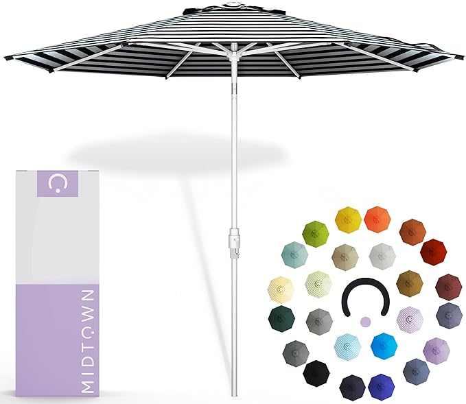 Midtown Umbrellas The Swilt 8 Feet Patio Umbrella in Terylast Zebra (Black/White Stripes) Polyester Fabric - Fiberglass Ribs, Auto-Tilt Aluminum Frame For Backyard, Deck, Garden, Pool - White Pole