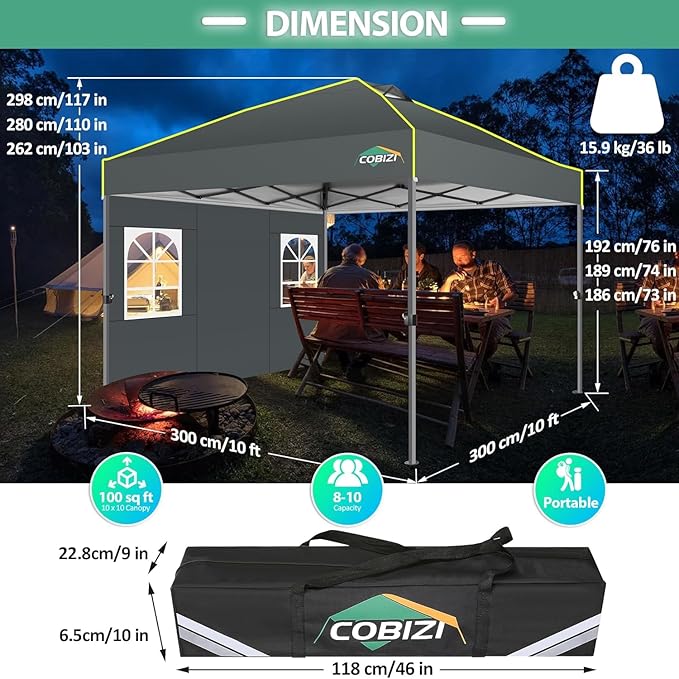 COBIZI 10x10 Pop up Canopy Tent with Sidewalls One Person Setup, Easy Outdoor Commercial Event Gazebo Shelter Enclosed Waterproof with Air Vent, 4 Sandbags for Garden,Party,Grey