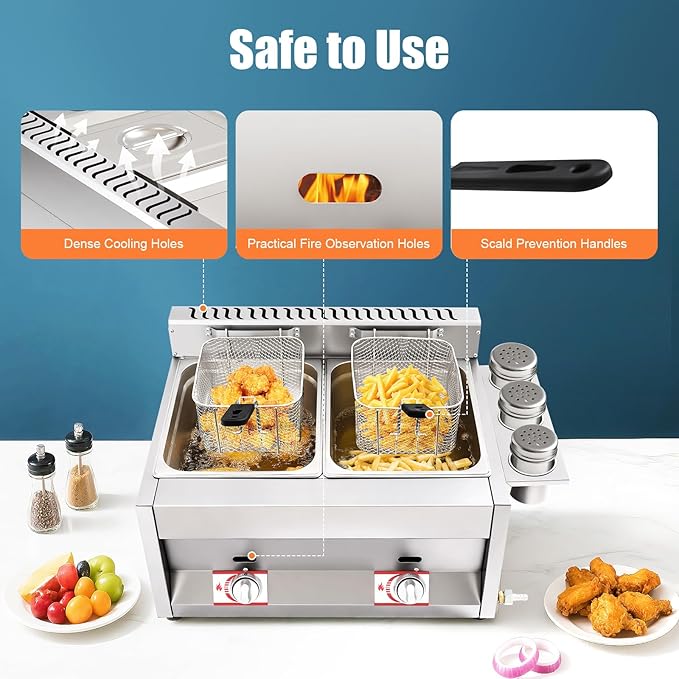 Stainless Steel Low Pressure Gas Deep Fryer with Frying Baskets and Lid, 12.7QT/12L Capacity Countertop Deep Fryer Oil Frying Pot Kitchen Frying Machine Table Snack Fryer Double Cylinder Gas Fryer