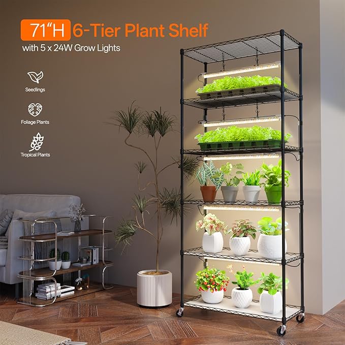 Bstrip Plant Shelf with Grow Light, Metal Plant Stand with Adjustable Rack and Wheels, 5 Pack 24W Full Spectrum Grow Light Strip for Indoor Plants, Seed Starting, Seed Tray, 29.5"x13.8"x71"
