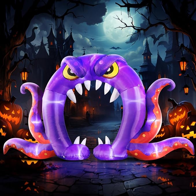 DomKom Halloween Inflatable Blow Up Decorations, 16FT Long 8FT Tall Purple Monster Octopus Archway, Built-in LEDs for Holiday Party, Garden, Lawn, Yard, Patio Décor