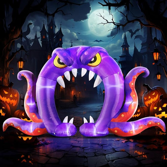 DomKom Halloween Inflatable Blow Up Decorations, 16FT Long 8FT Tall Purple Monster Octopus Archway, Built-in LEDs for Holiday Party, Garden, Lawn, Yard, Patio Décor