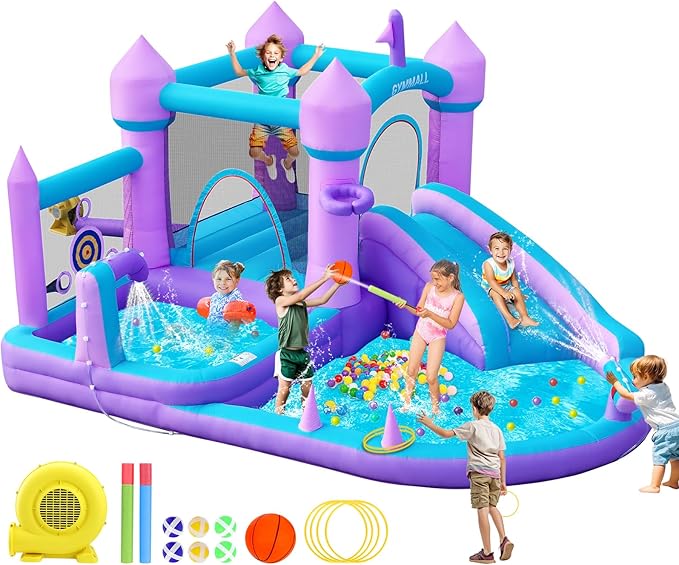 Water Bounce House for Kids 3-8, Purple Large Inflatable Bouncy Castle with Water Slide 480W Air Blower Jumping Space Ball Pit Swim Pool Basketball, Bouncy House for Party Birthday Event Gift
