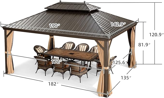 PURPLE LEAF Hardtop Gazebo 12' X 16' Metal Roof with Netting and Curtains Backyard Deck Garden Porch Patio Pavilion Permanent Aluminum Outdoor Metal Canopy