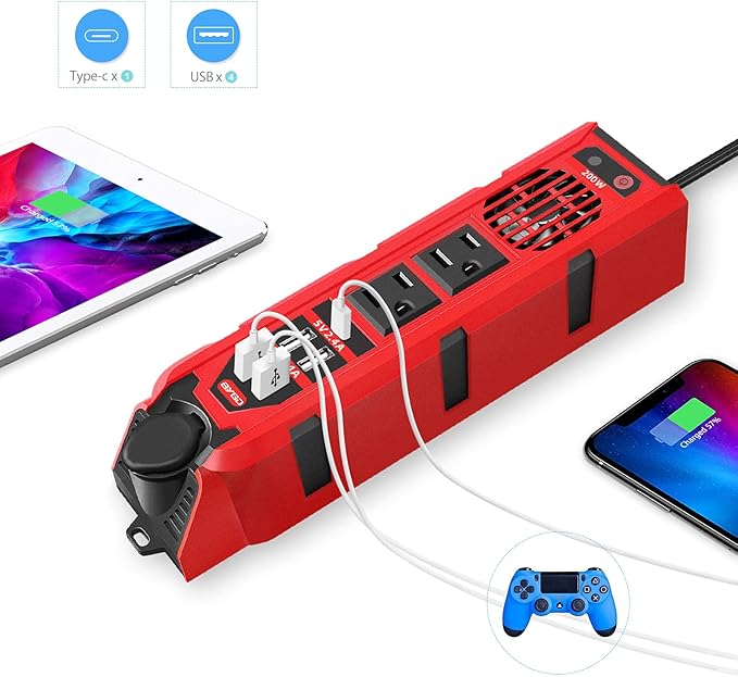 200W Car Power Inverter DC 12V to 110V AC Converter with Dual AC Outlets, 4 Quick Charger 2.4A USB Ports and 1 Type C Port Cigarette Lighter Socket Charger Adapter