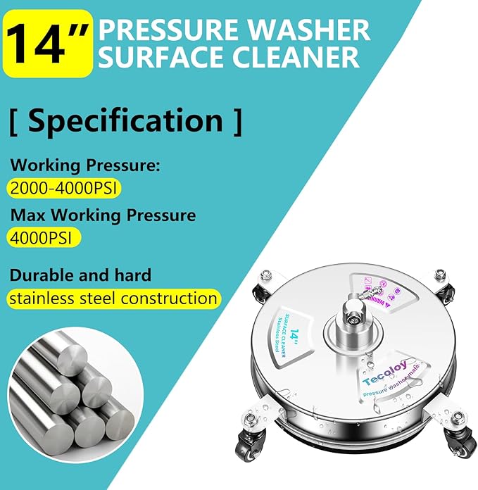 14" Pressure Washer Surface Cleaner with 4 Wheels-Stainless Steel Power Washer Accessories for Concrete Driveways Sidewalks Patios Cleaning (14 INCH Silver)