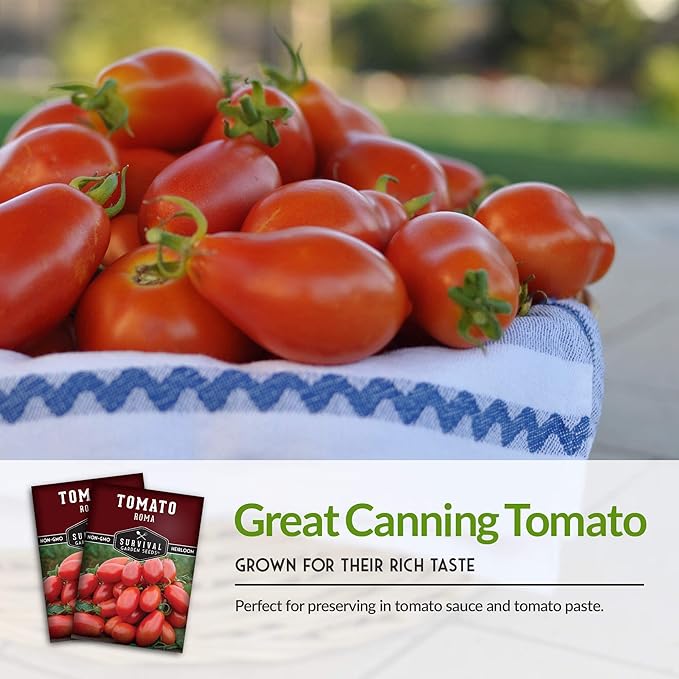 Survival Garden Seeds - Roma Tomato Seed for Planting - 3 Packs with Instructions to Plant and Grow Italian Roma Tomatoes in Your Home Vegetable Garden - Canning Favorite - Non-GMO Heirloom Variety