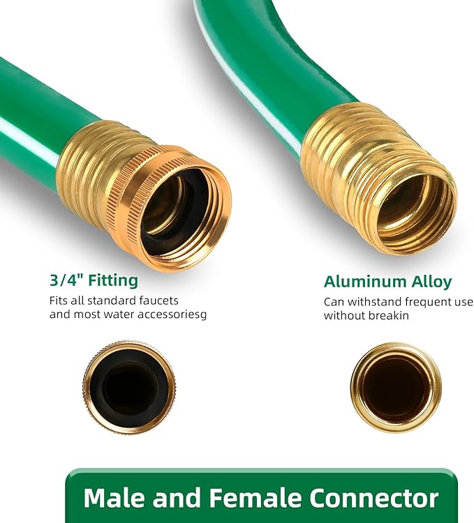 Worth Long Lead-in Green Garden Hose 5/8 in. x 100 ft. -Kink Free, No Leaking, Male/Female Fittings -Heavy Duty Durable Flexible Lightweight Water Pipe -Brass Aluminum Ends for Household & Yard Use