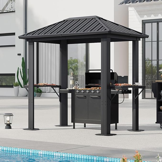 Aoxun Grill Hardtop Gazebo 5 x 8 FT, Outdoor Metal Hard Top Gazebo, Permanent BBQ Pavilion with Galvanized Steel Roof, Aluminum Pavilion with Shelves for Lawn, Garden, Patio, Backyard (Dark)