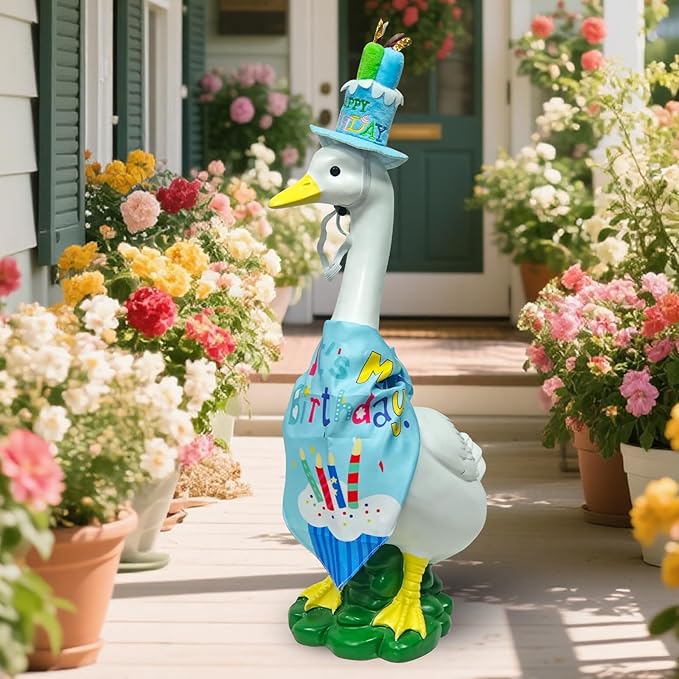 Porch Goose Statue Wear Clothing Outfit-20"High Large Garden Goose Decor Wear Birthday Clothes, Big Resin Duck Sculpture, Yard Goose with Birthday Costume Decorations for Girl/Boy Indoor&Outdoor Party