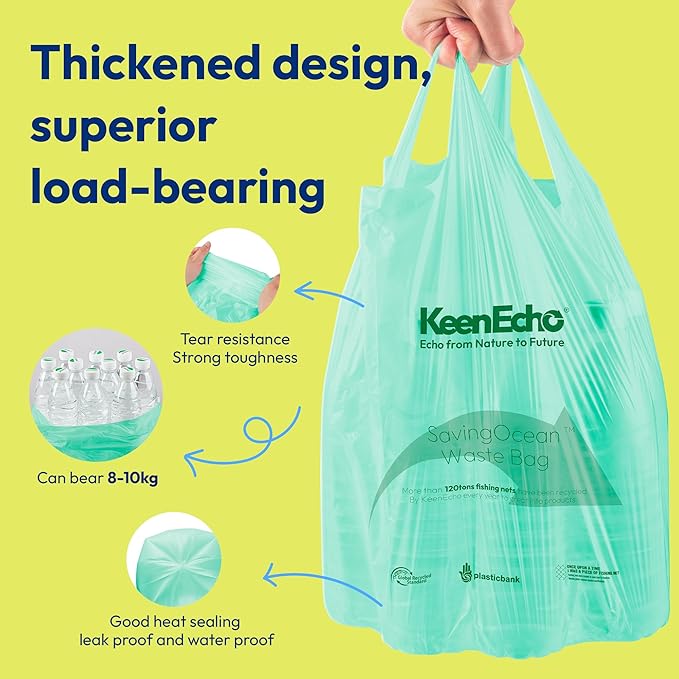 2 Gallon 200 Counts Small Green Trash Bags with Handle, Ocean Fishing Nets Upcycling, Sage & Sea Salt Scented, Plastic Garbage Bags, Waste Bag for Kitchen, Bathroom, Office and Pets