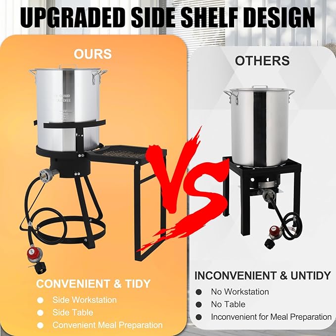 Outvita 30Qt Turkey Deep Fryer & 10QT Fish Fryer Kit w/Baskets, Aluminum Fish & Seafood Boiler Steamer with 55,000 BTU Propane Gas Burner & Additional Prep Table, Ideal for Outdoor Fry