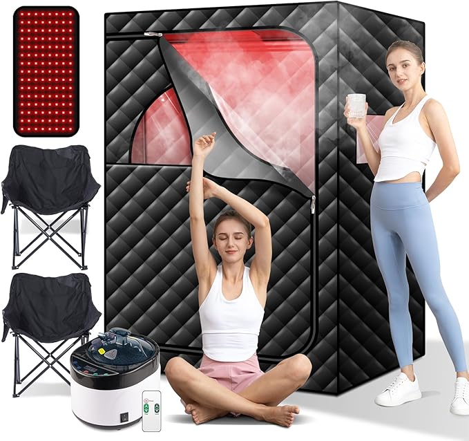 Portable Infrared Steam Sauna with Red Light Therapy Lamp, 2 Person Saunas Tent with 4L Steamer, 2 Large Folding Chairs, Remote Control, Indoor 1 or 2 Person Home Spa for Gym/Pilates/Garage