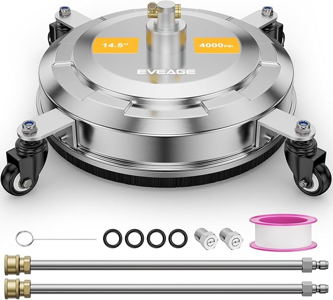 EVEAGE 14.5" Pressure Washer Surface Cleaner E006, Upgraded Stainless Steel Pressure Washer Accessories 4 Weels & 1/4" Quick Connector, 4,000 PSI Power Washer for Driveways Sidewalks Patios Cleaning