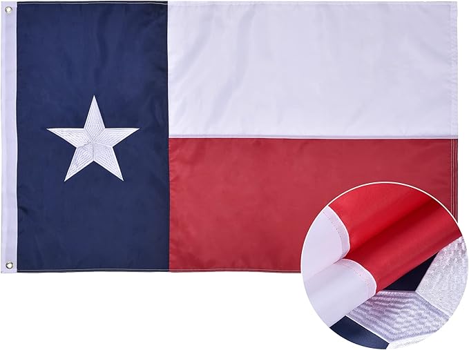 Texas State Flag 5x8 Ft, Deluxe Embroidered Heavy Duty Polyester Durable TX Flag with Sewn Stripes and Brass Grommets for Indoor/Outdoor Use