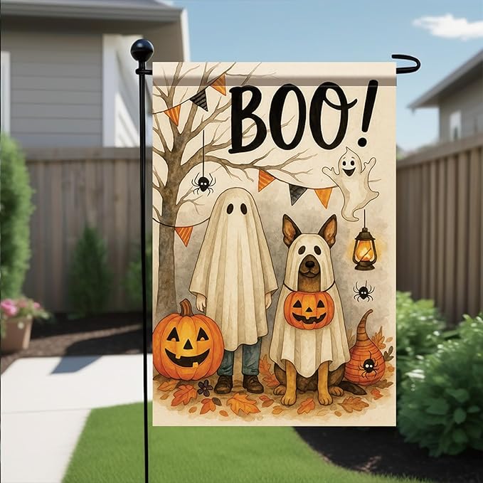 Halloween Garden Flag Ghost Costume Dog Flag 12x18 Inch Double-Sided Pumpkin Boo Yard Banner Fall Outdoor Decoration for Porch Lawn Pathway Trick or Treat Dog Lover Gift